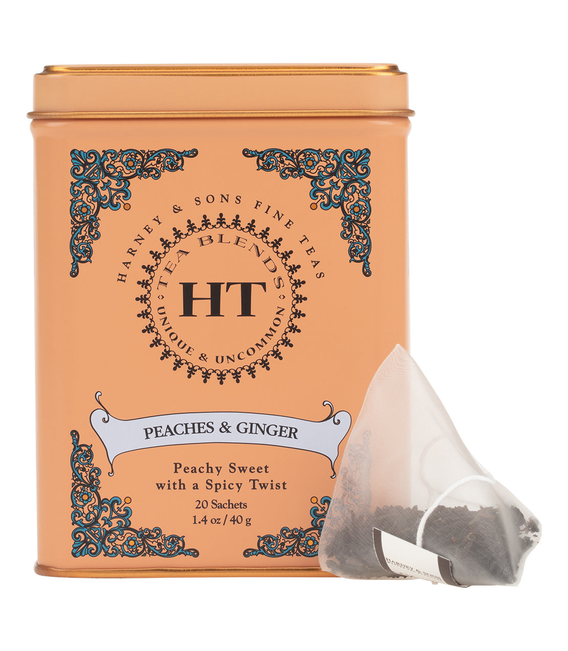 "Harney & Sons Peaches & Ginger tea tin, 20 sachets, featuring a peachy sweet flavor with a spicy twist.