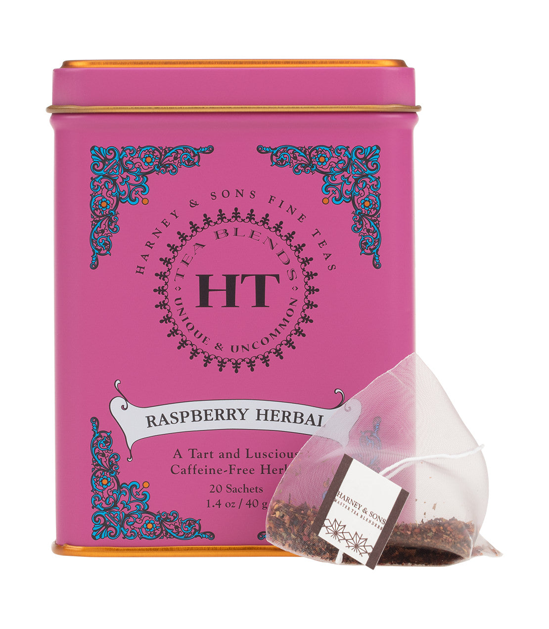 Pink tin of Raspberry Herbal tea by Harney & Sons, containing 20 caffeine-free sachets for a tart, luscious flavor.