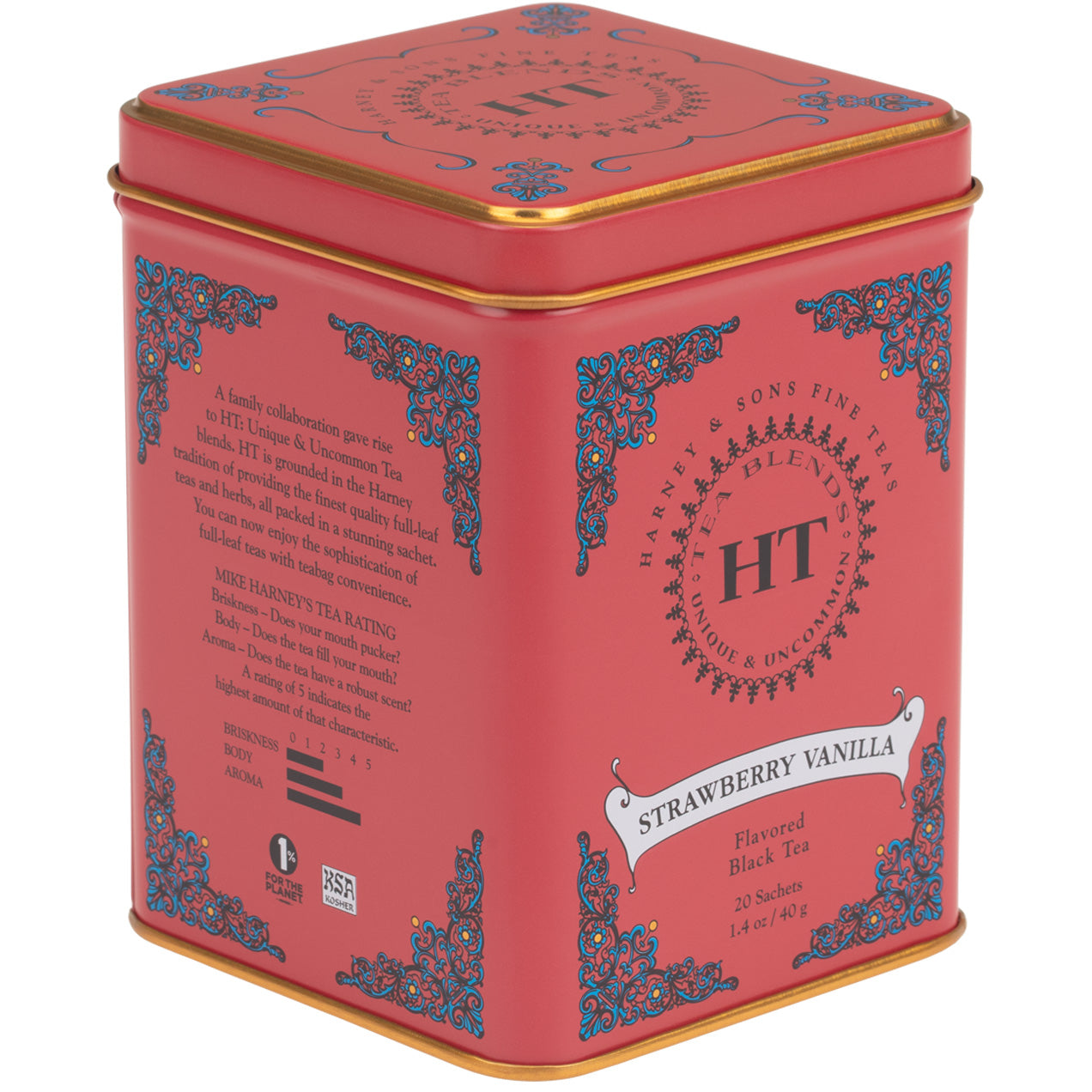 Strawberry Vanilla HT tin containing 20 sachets of flavored black tea, featuring vibrant packaging design.
