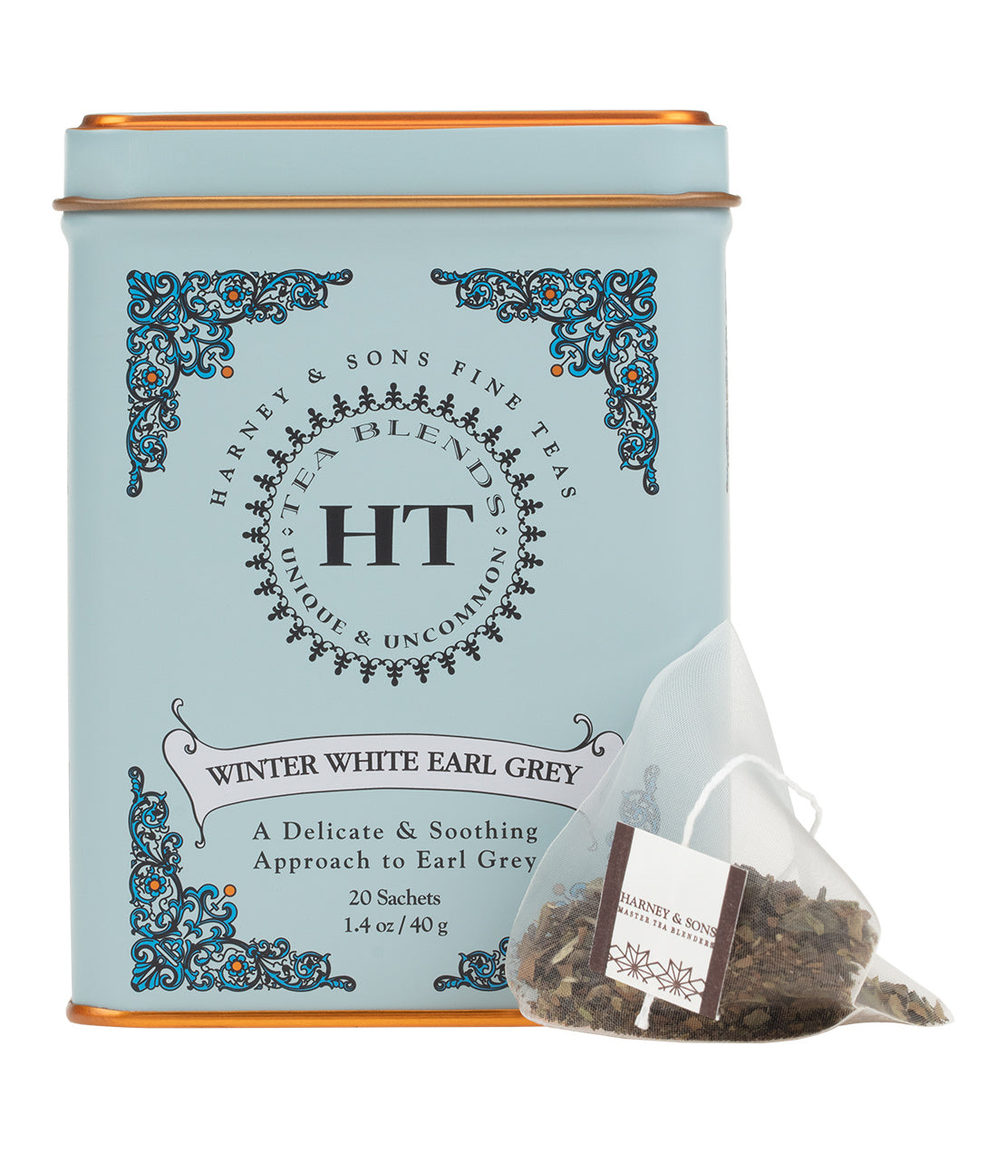 Harney & Sons Winter White Earl Grey tea tin with 20 sachets, featuring elegant design and soothing blend.