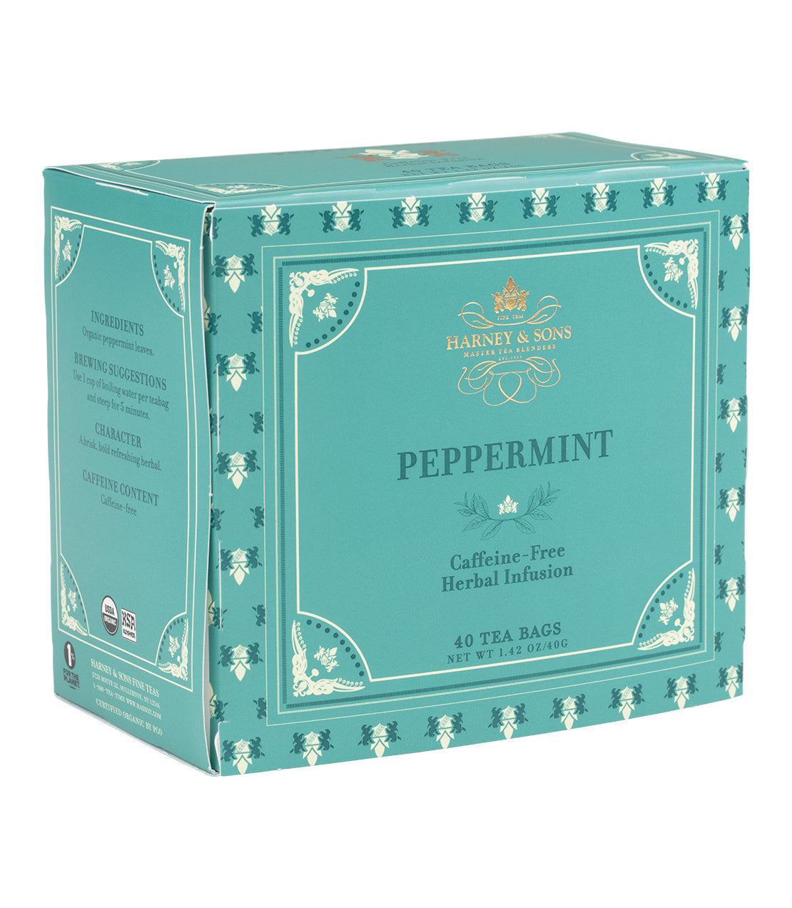 Harney & Sons Fine Teas- Peppermint- Caffeine-Free Herbal Infusion- Green box of 40 Premium Teabags