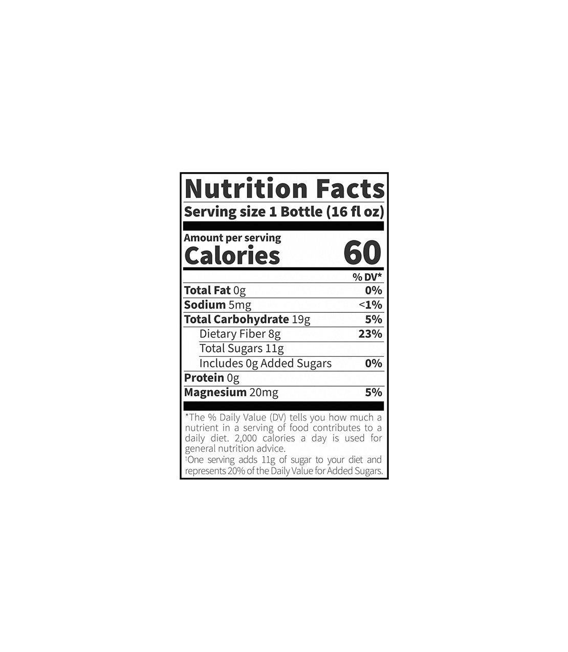 Nutrition facts label for Tropical Green + Plant Fiber Iced Tea, detailing calories, nutrients, and serving size.