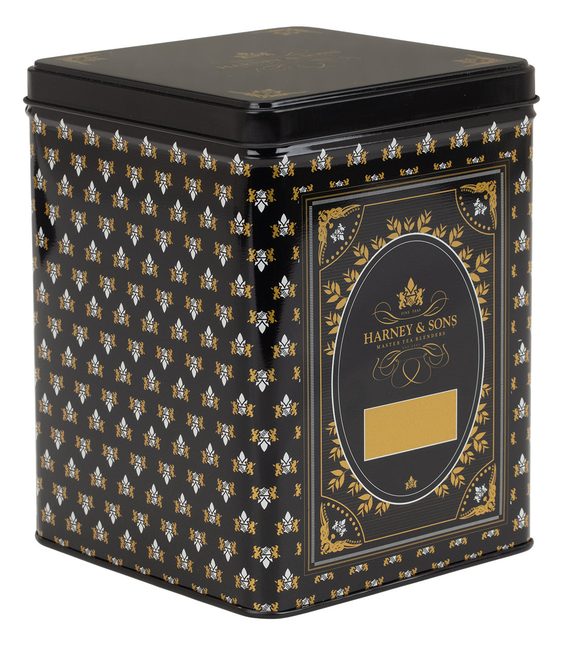 Black hinged storage canister by Harney & Sons, featuring a floral pattern and a gold label for customization.