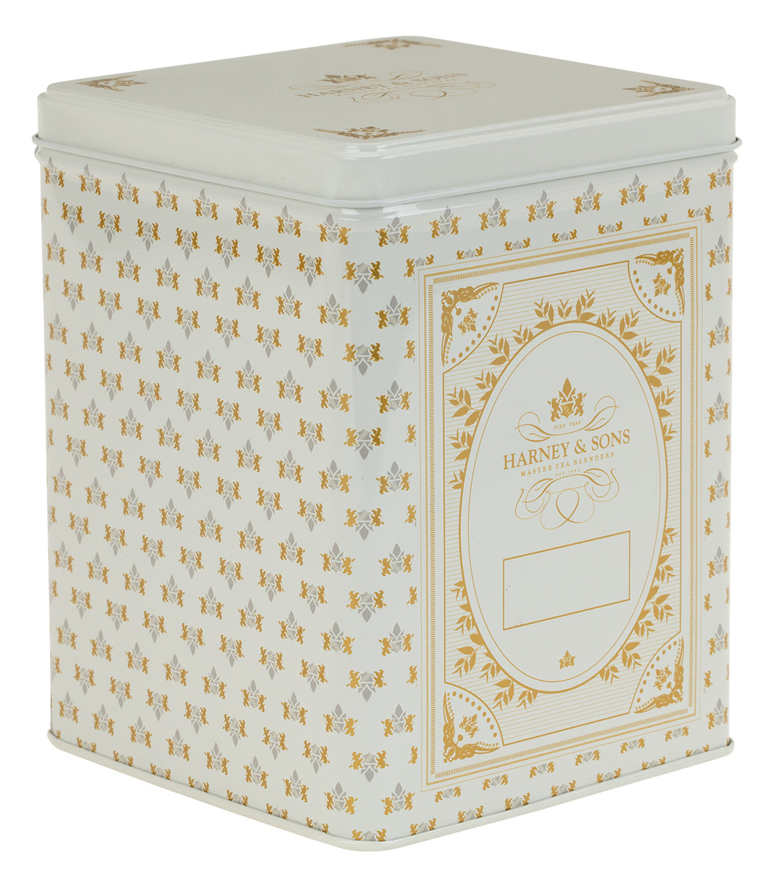 Elegant Harney & Sons hinged storage canister in light blue with gold floral design, perfect for tea or dry goods.