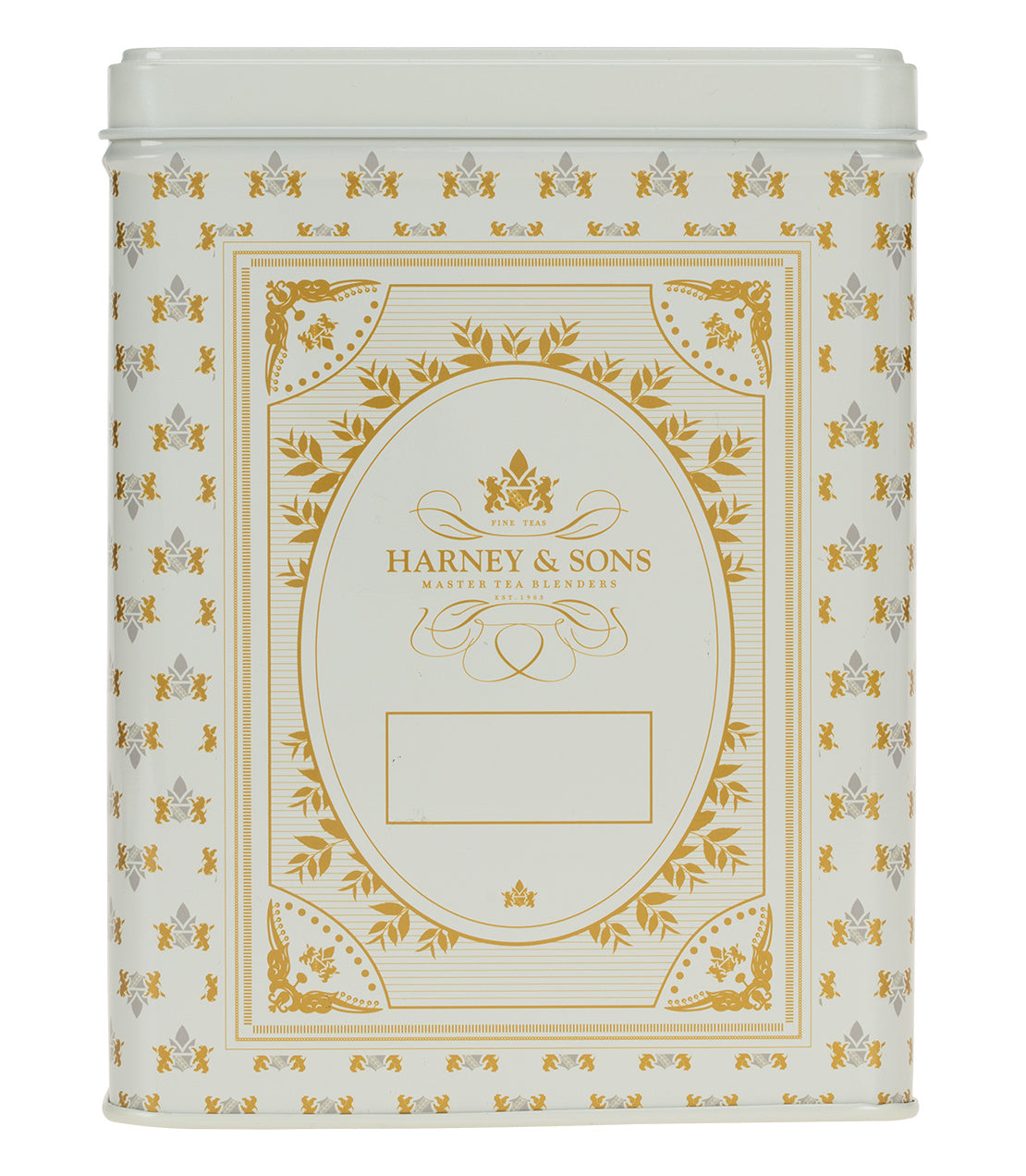 Elegant Harney & Sons hinged storage canister with a gold floral design, perfect for tea storage.