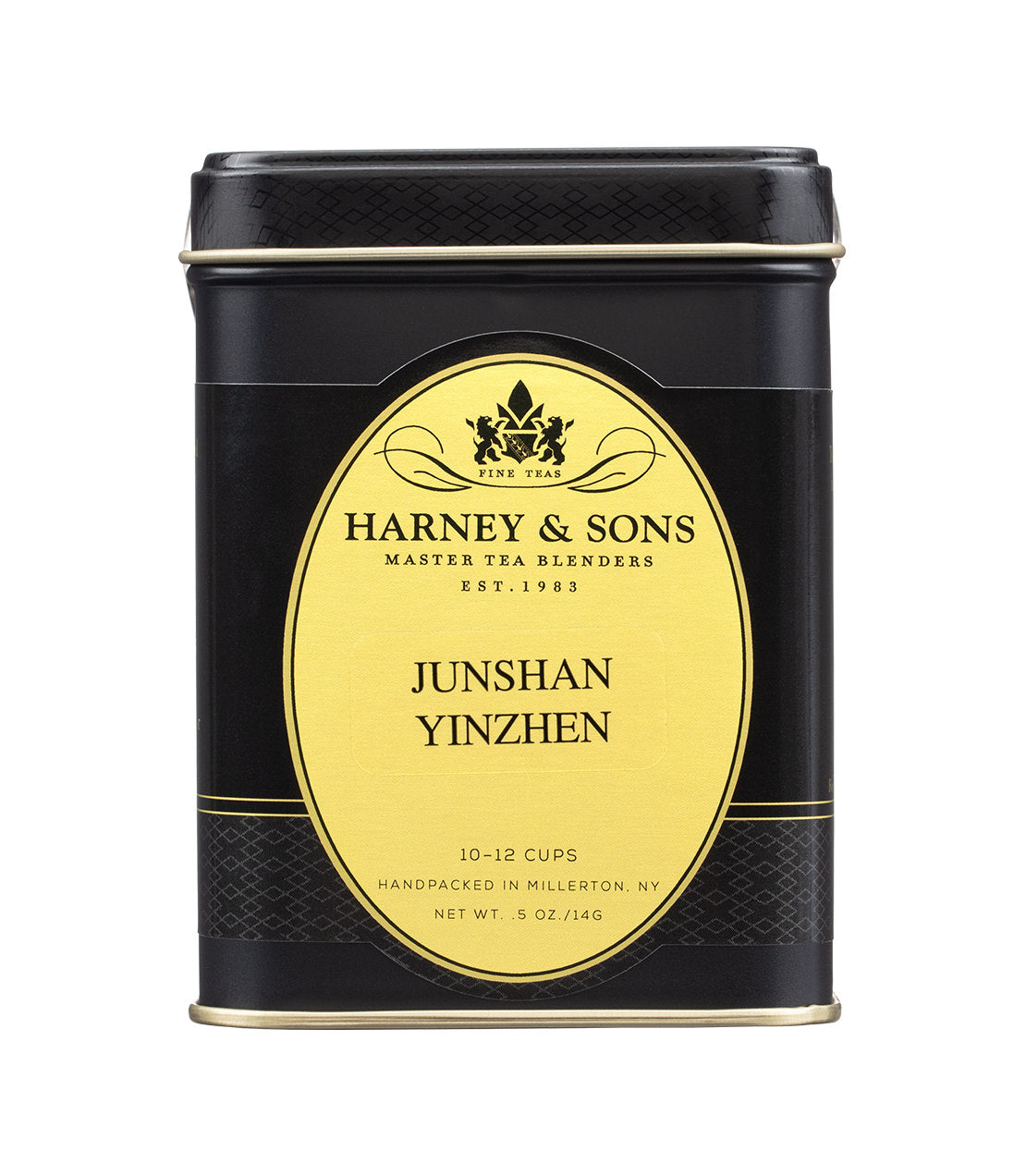 Black tin container of Harney & Sons Junshan Yinzhen tea, labeled for 10-12 cups, 5 oz, handpacked in Millerton, NY.