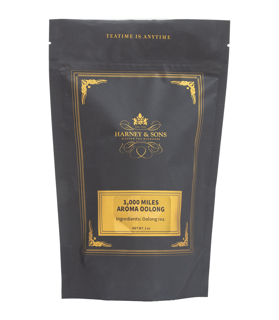 Black packaging of Harney & Sons 1,000 Miles Aroma Oolong tea, featuring gold accents and ingredient details.