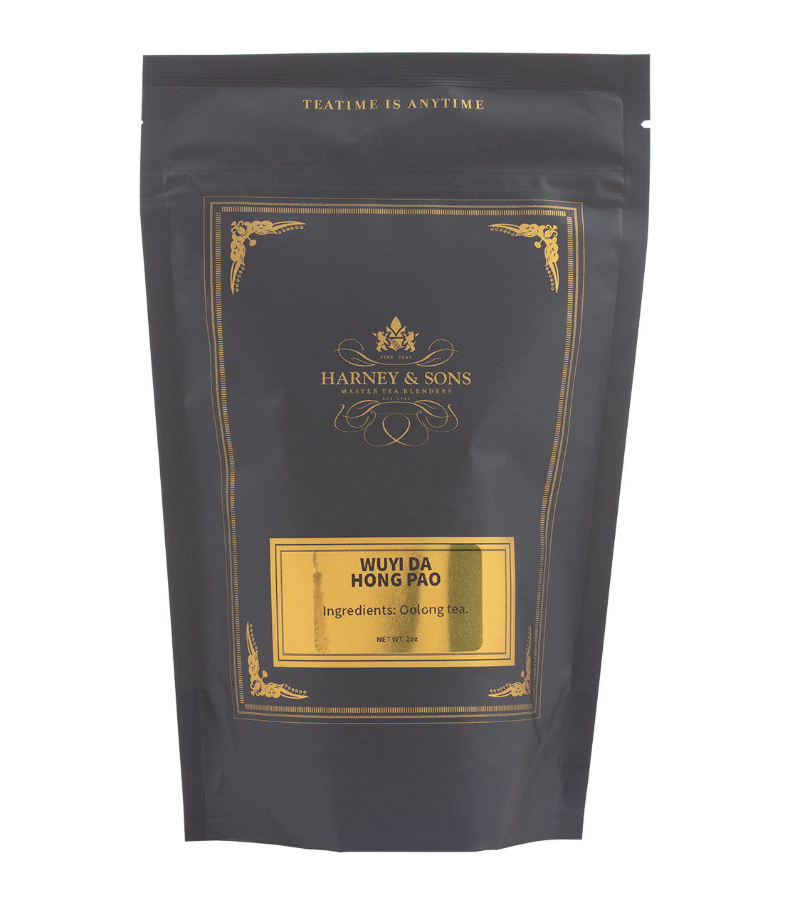 Wuyi Da Hong Pao oolong tea package by Harney & Sons, featuring a sleek black design with gold accents.
