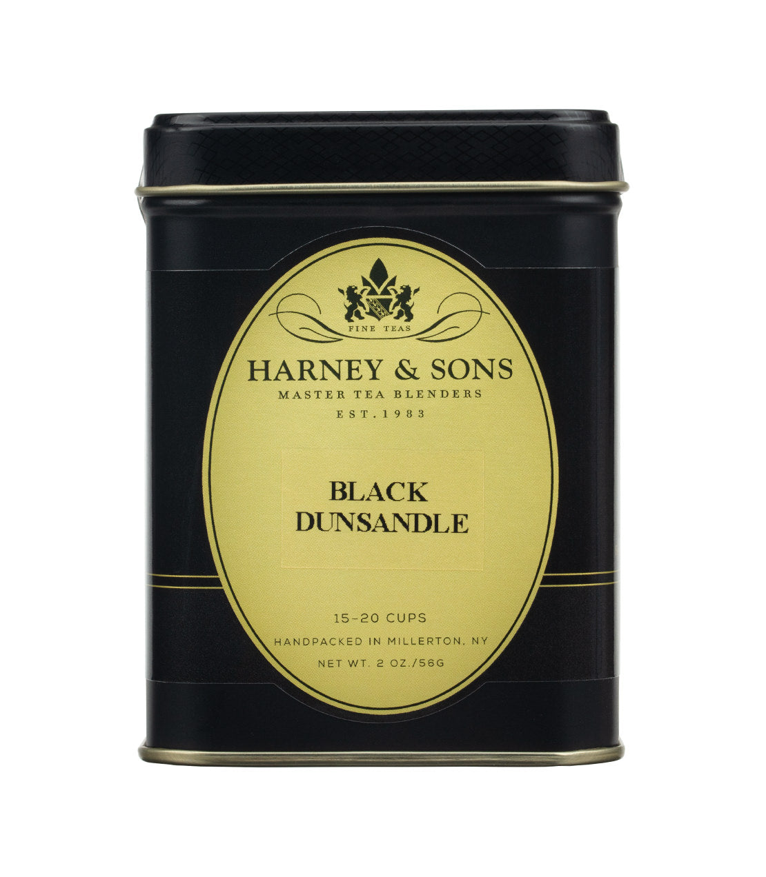 Black Dunsandle tea tin by Harney & Sons, featuring a sleek black design with a yellow label, 2 oz size.