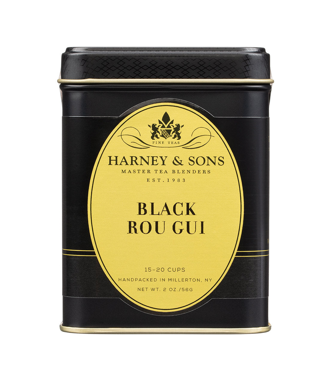 Black Rou Gui tea tin by Harney & Sons, featuring a sleek black design and yellow label, 8 oz, handpacked in Millerton, NY.