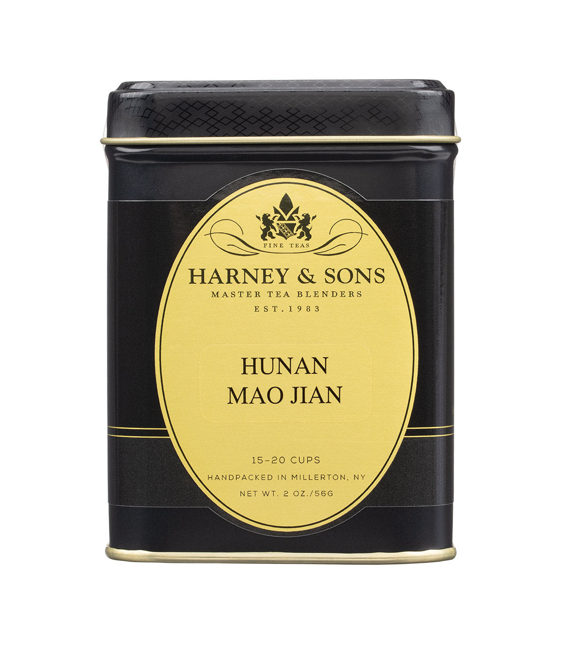 Black tin container of Hunan Mao Jian tea by Harney & Sons, labeled for 15-20 cups, 2 oz, handpacked in Millerton, NY.
