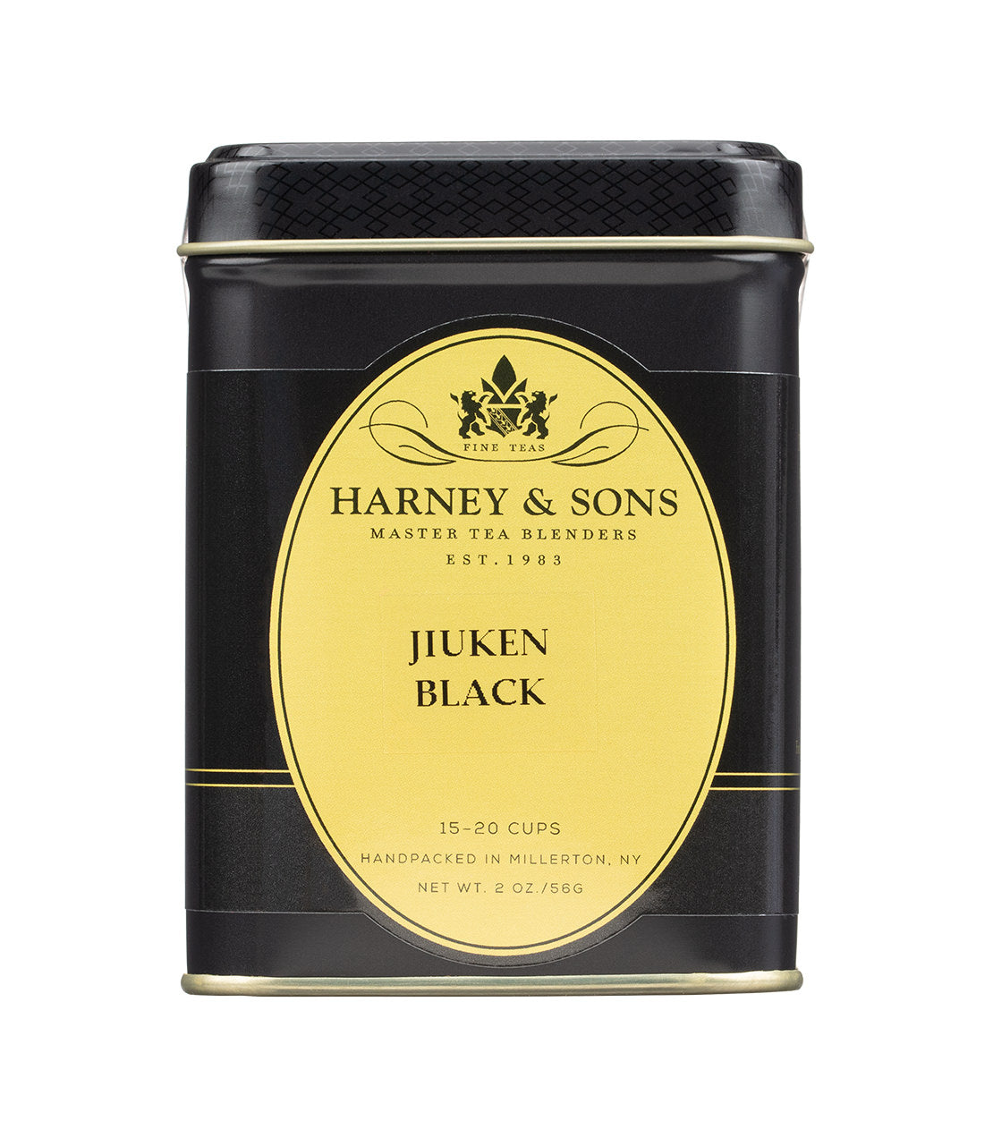 Jiuken Black tea tin by Harney & Sons, 2 oz, featuring a black design with a yellow label.