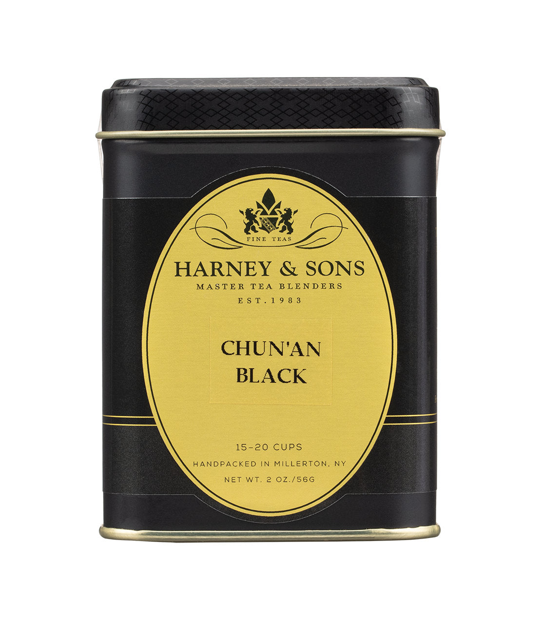 Elegant black tea tin labeled "Chun'An Black" by Harney & Sons, featuring a gold and black design.