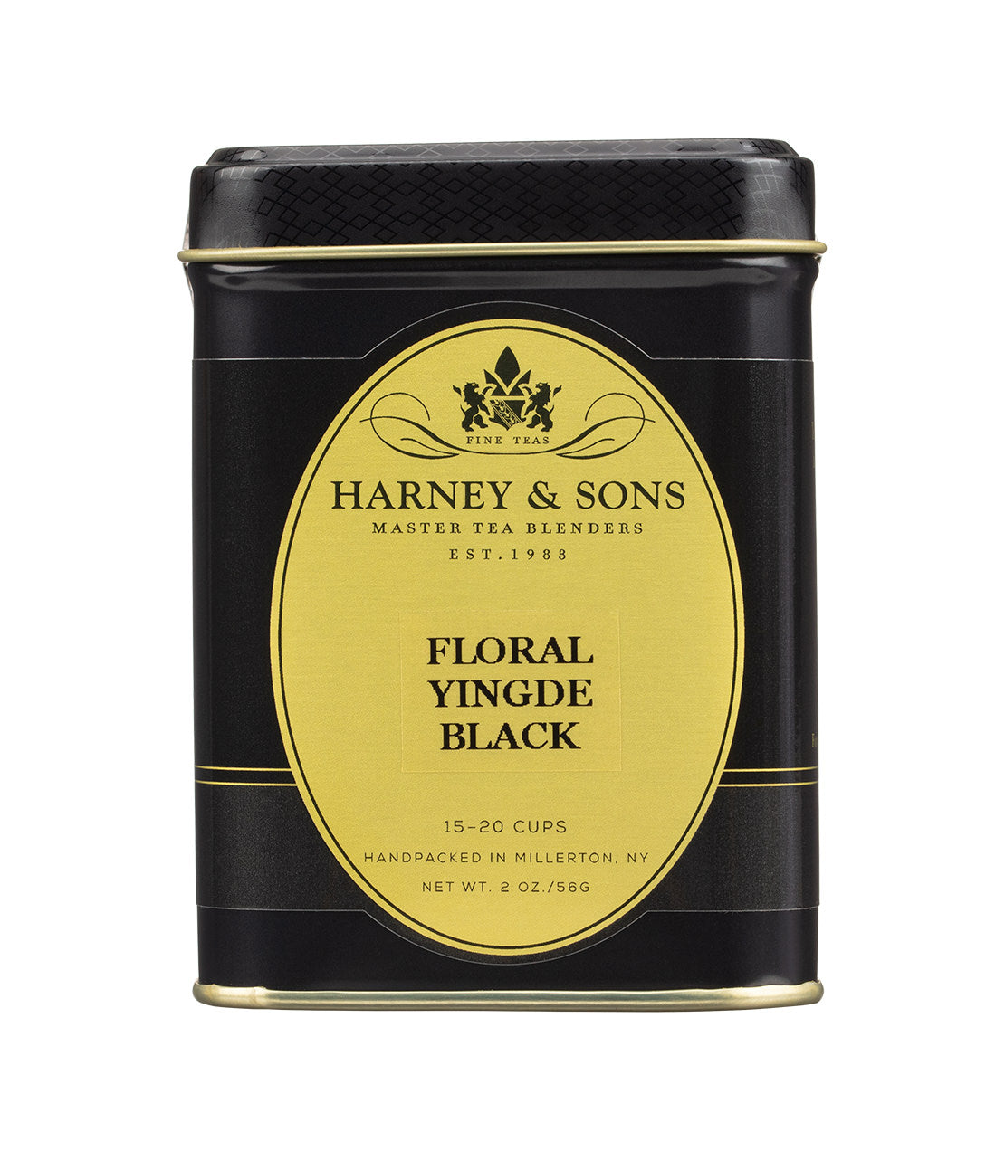 Black tea tin labeled "Floral Yingde Black" by Harney & Sons, featuring a gold and black design.