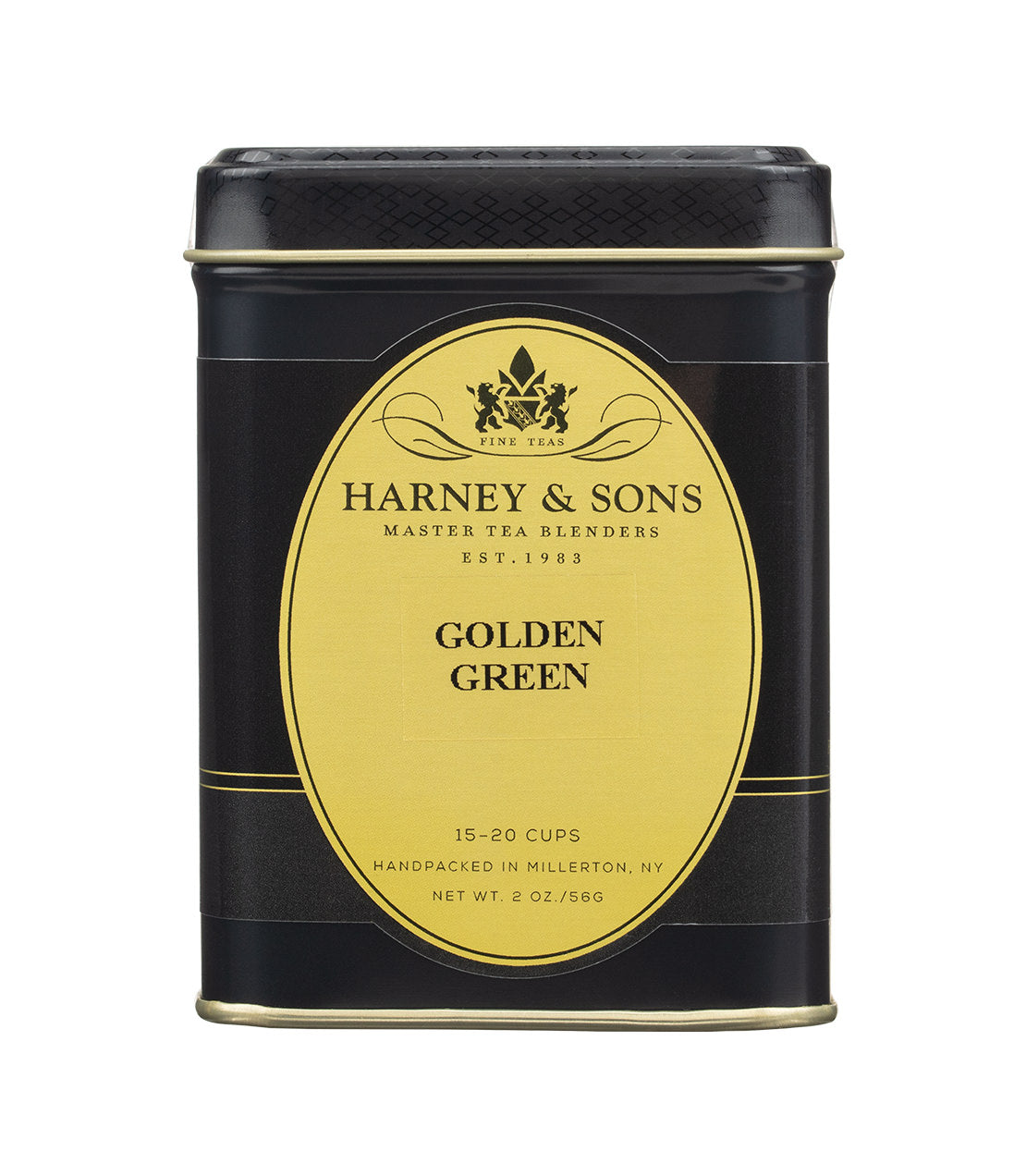 Harney & Sons Golden Green tea tin, black with gold label, 2 oz, handpacked in Millerton, NY.