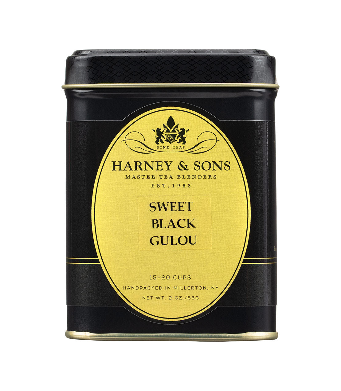 Harney & Sons Sweet Black Gulou tea tin, 2 oz, featuring elegant black and gold packaging.