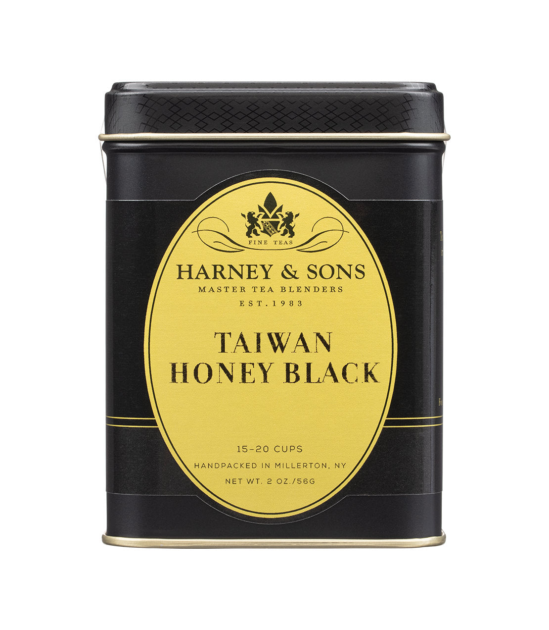 Black tea tin labeled "Taiwan Honey Black" by Harney & Sons, featuring a gold and black design, 2 oz size.