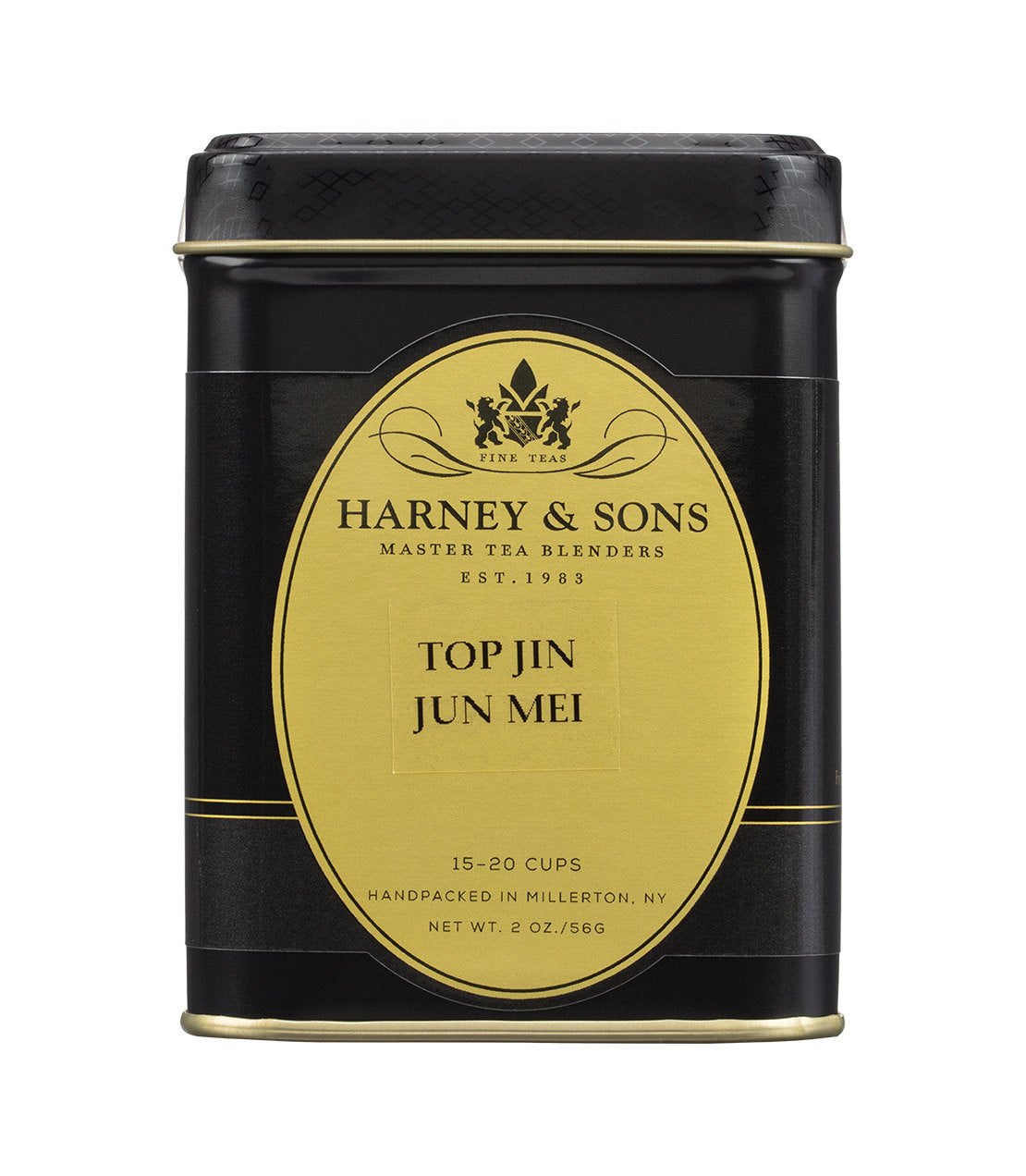 Black tin of Harney & Sons Top Jin Jun Mei tea, featuring gold label and logo, 15-20 cups, 56g.