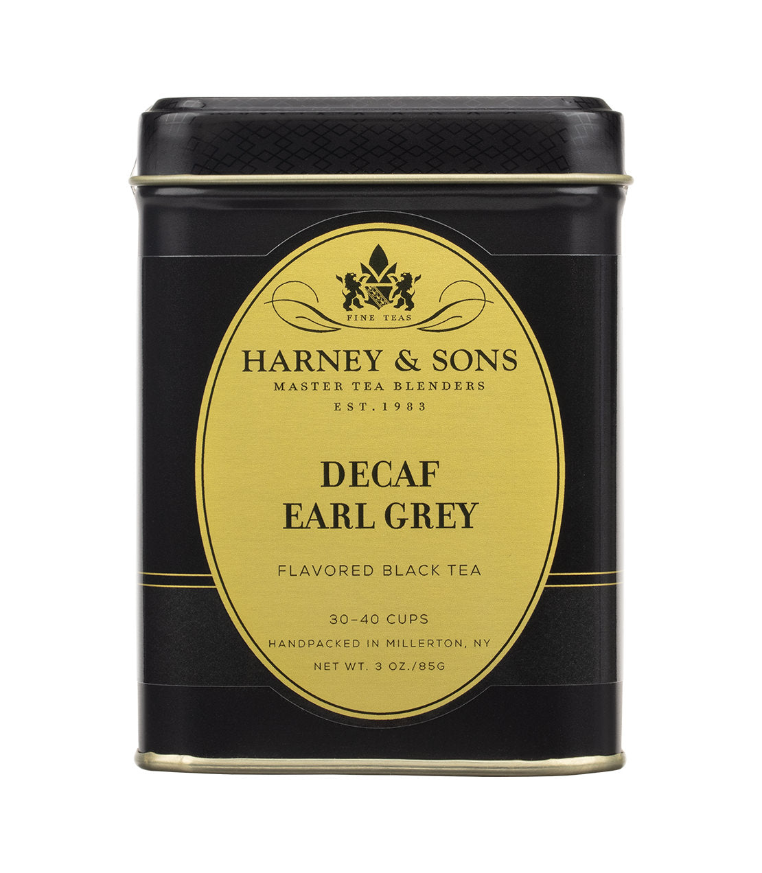Black tin container of Harney & Sons Decaf Earl Grey tea, labeled for 30-40 cups, handpacked in Millerton, NY.