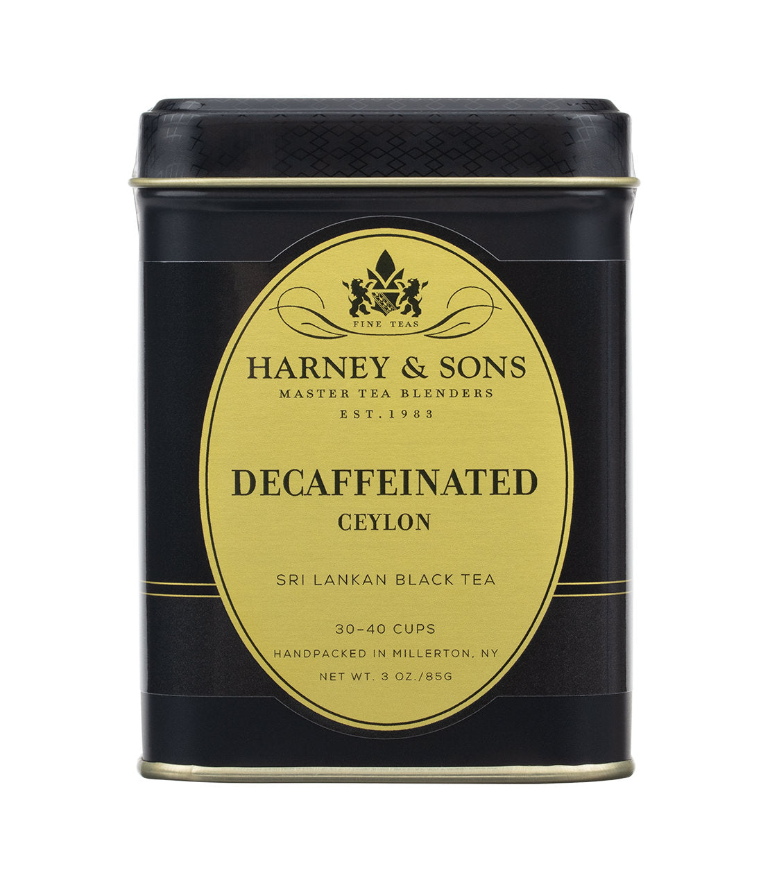 Black tin of Harney & Sons Decaf Ceylon tea, labeled for 30-40 cups, featuring elegant gold accents.