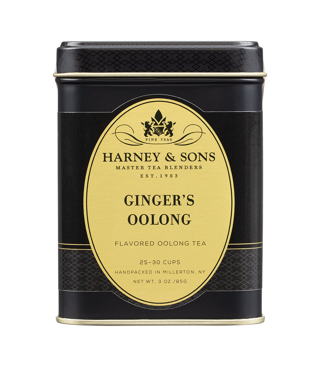 Black tin container of Harney & Sons Ginger's Oolong tea, featuring a gold label and details about the product.