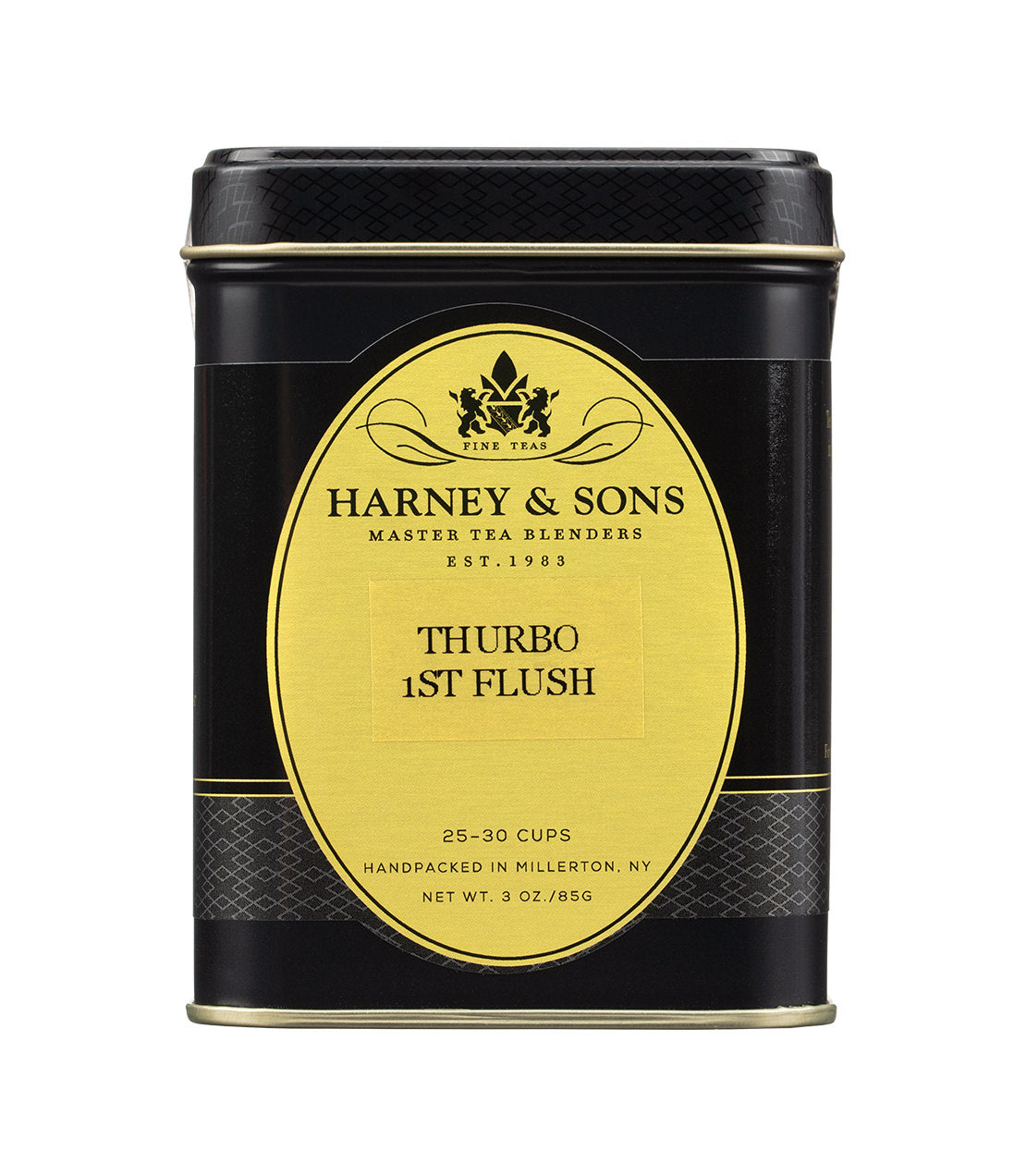 Black tea tin labeled "Thurbo 1st Flush" by Harney & Sons, containing 3 oz of fine tea.