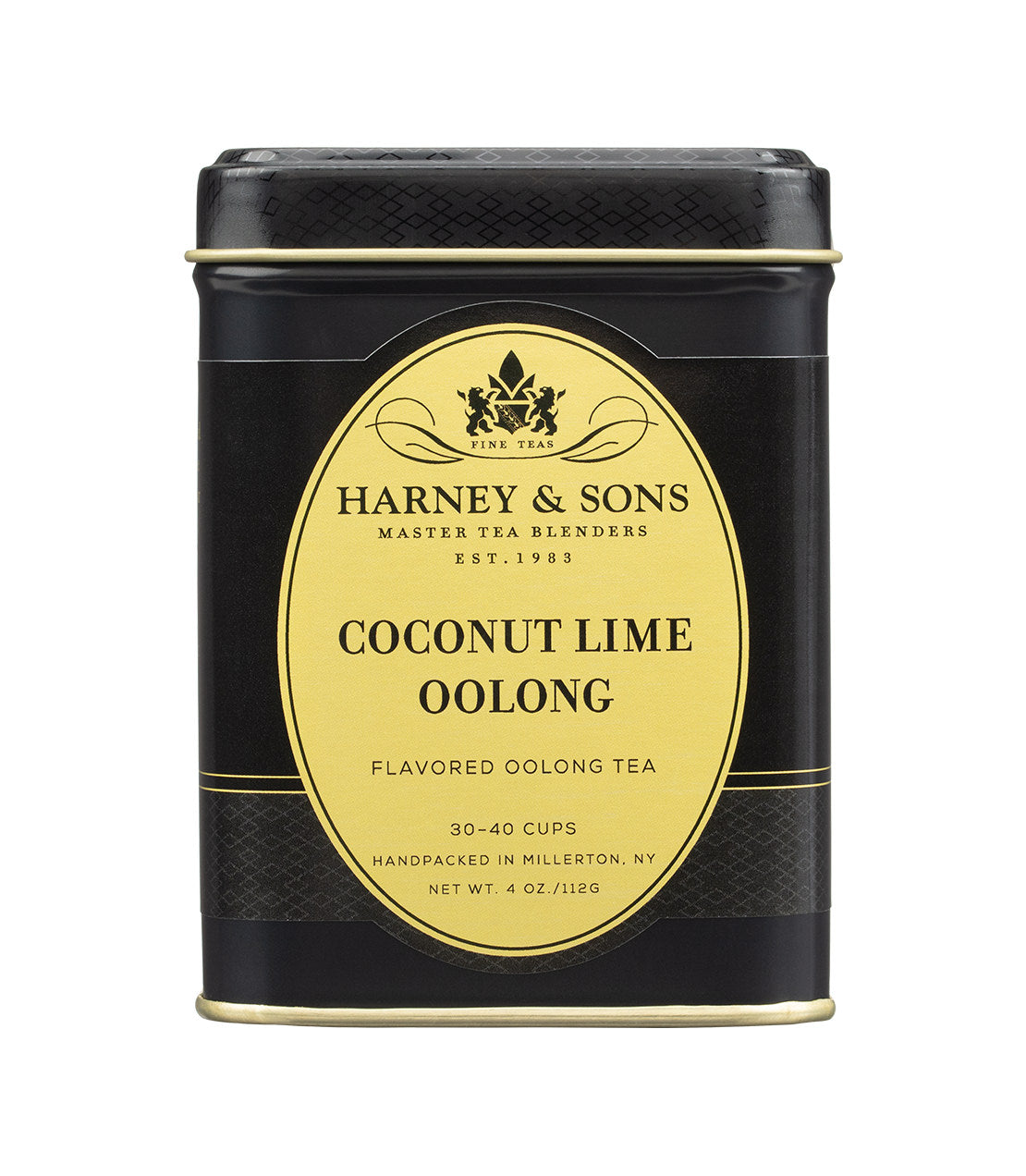 Black tin container of Harney & Sons Coconut Lime Oolong tea, featuring a yellow label and gold accents.