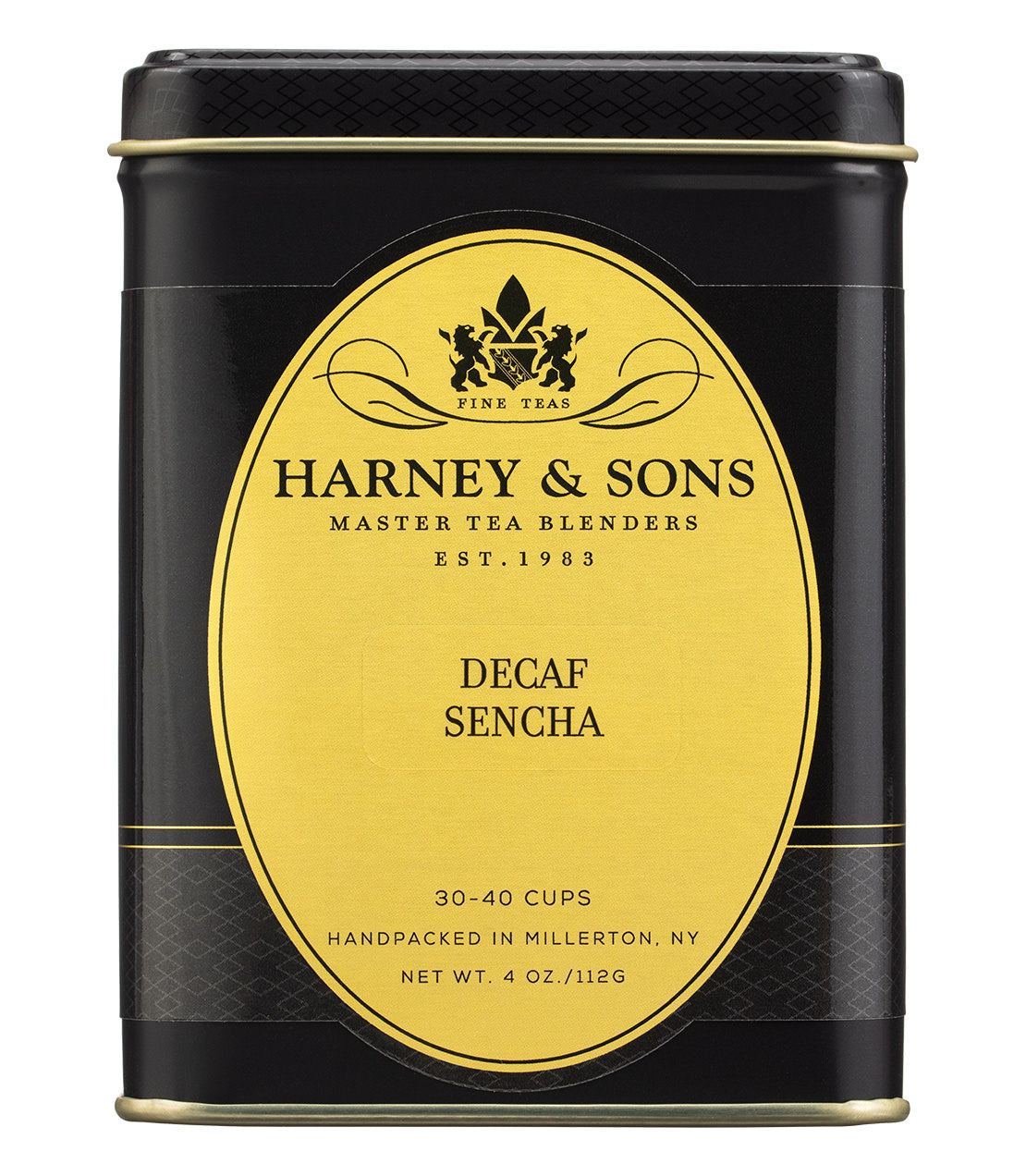 Black tin container of Harney & Sons Decaf Sencha tea, labeled for 30-40 cups, 4 oz, handpacked in Millerton, NY.