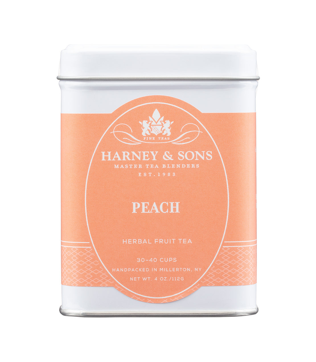 Harney & Sons Peach Fruit Tea tin, 4 oz, featuring a peach-colored label and elegant design.