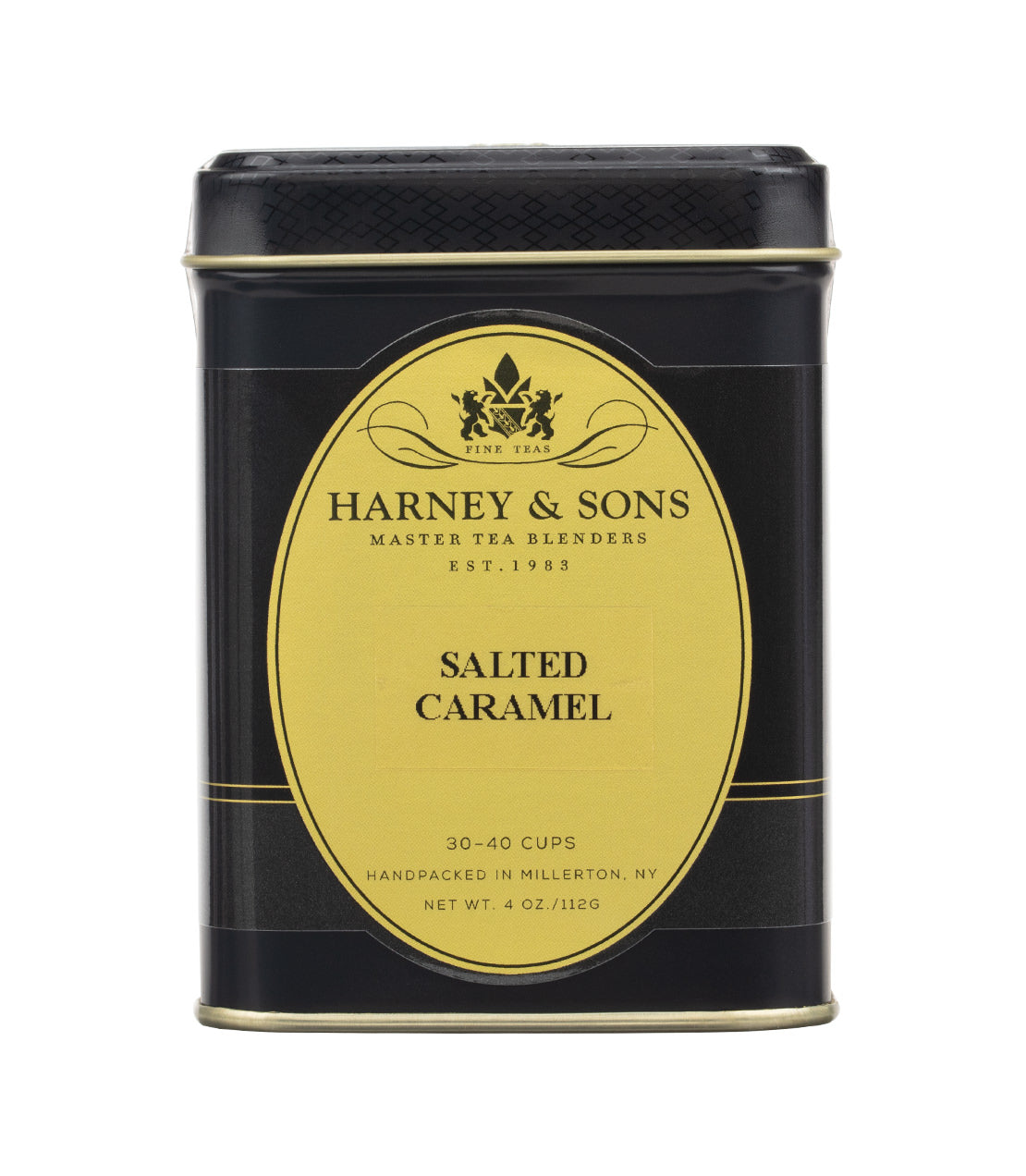 Black tin container of Harney & Sons Salted Caramel tea, featuring a yellow label and net weight of 4 oz.