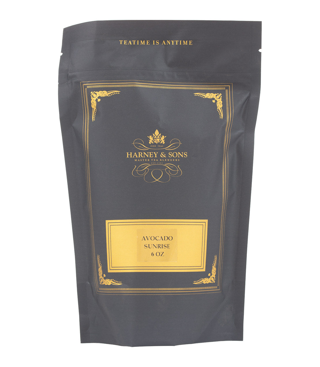 Hemp Avocado tea by Harney & Sons in a 6 oz black pouch with gold accents and label.