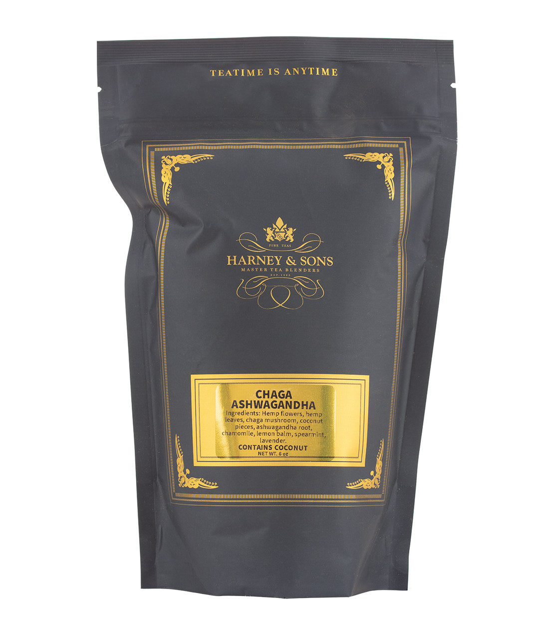 Black packaging of Harney & Sons Chaga Ashwagandha tea, featuring gold accents and a label highlighting its ingredients.