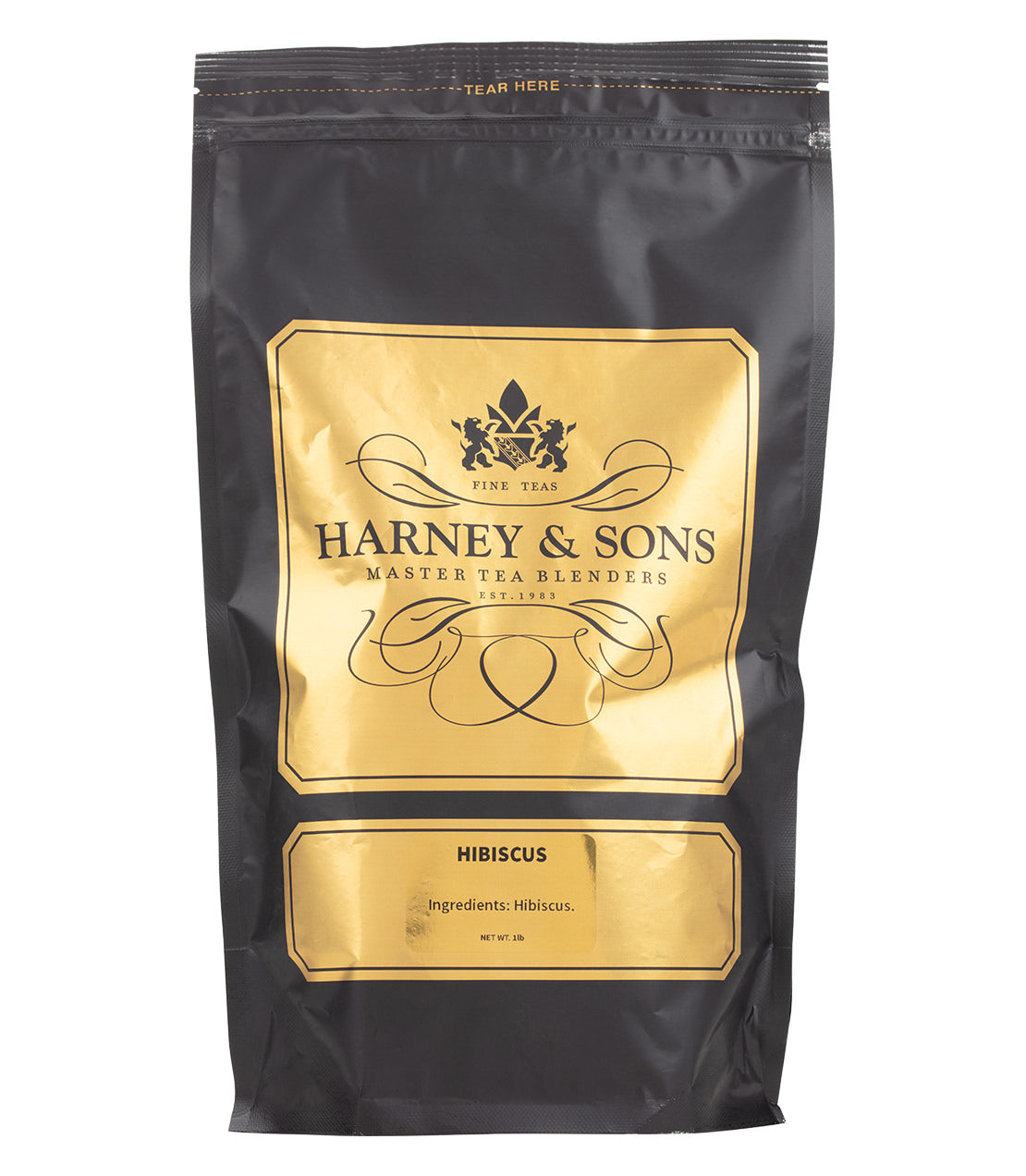 Black tea bag featuring Harney & Sons branding, labeled "Hibiscus" with ingredient details.