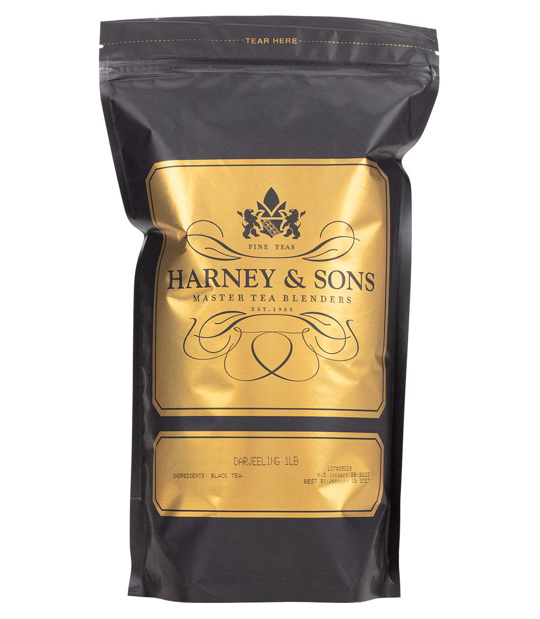 Black tea package from Harney & Sons featuring Darjeeling, with elegant gold and black design.
