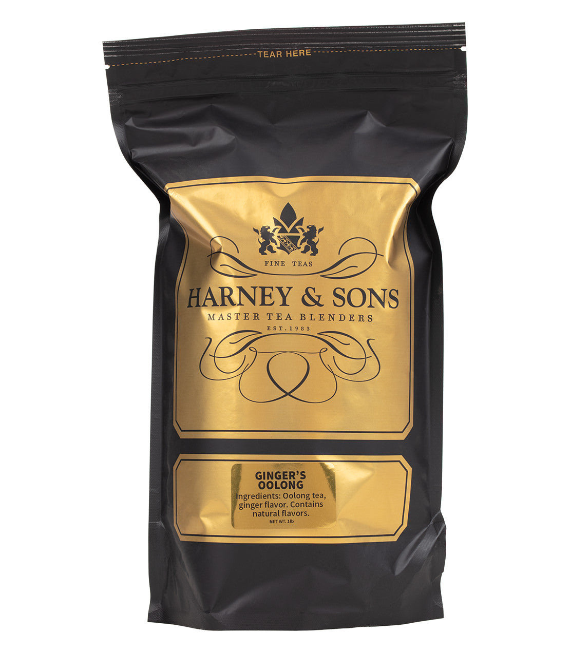 Black tea bag featuring "Ginger's Oolong" label by Harney & Sons, highlighting oolong tea and ginger flavors.
