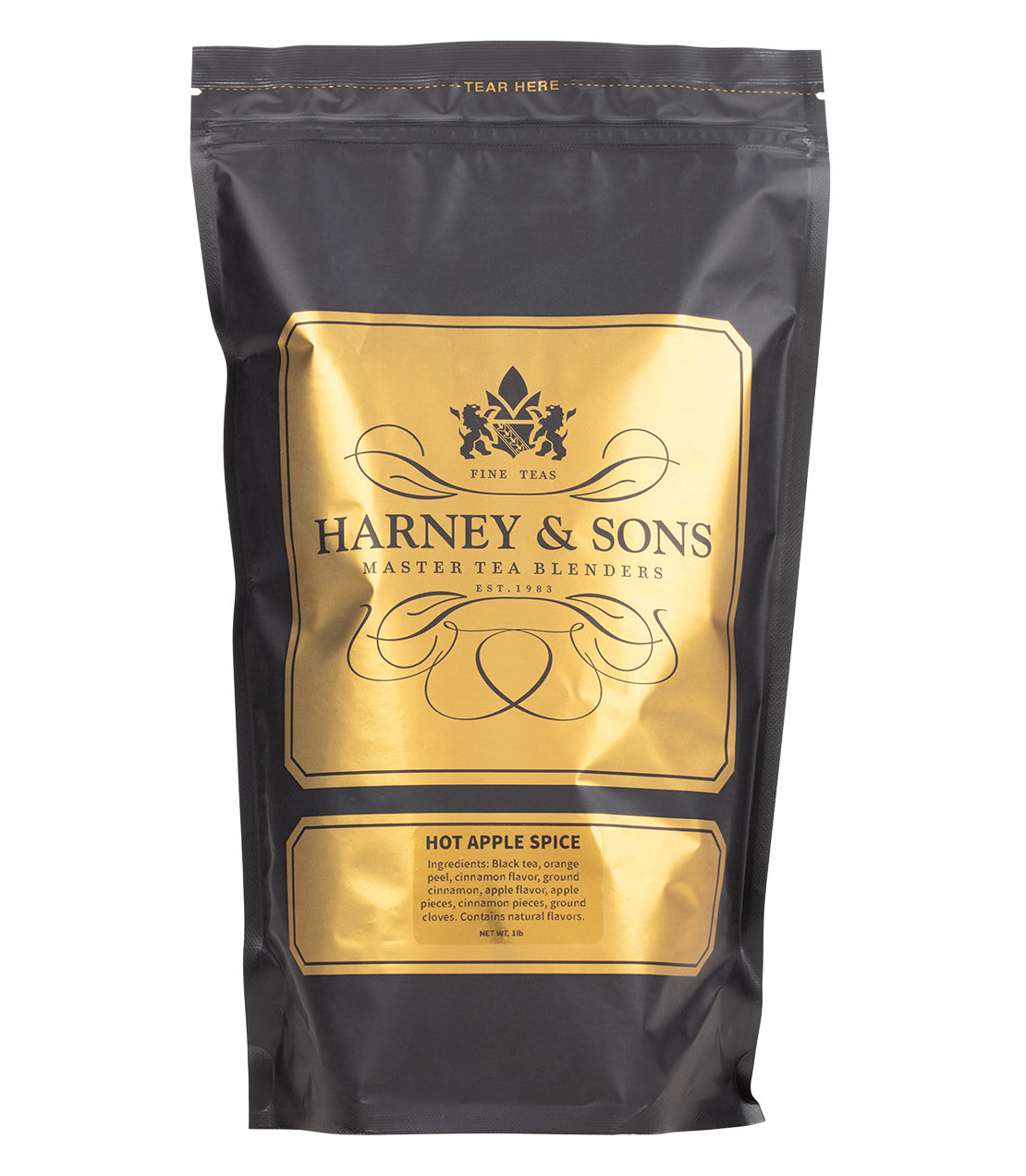 Harney & Sons Hot Apple Spice tea packaging, featuring a black bag with gold accents and detailed ingredient list.