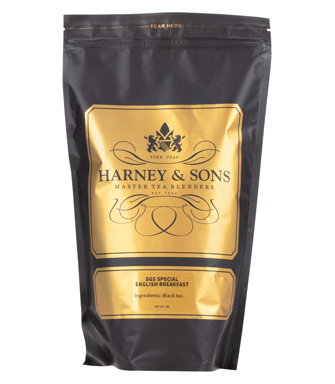 Black tea packaging for SGS Special English Breakfast by Harney & Sons, featuring a gold and black design.