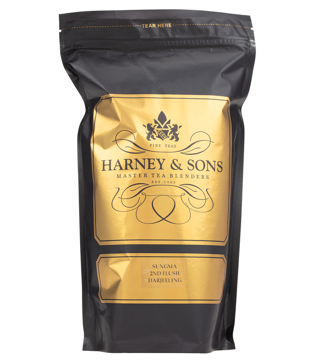 Harney & Sons Sungma 2nd Flush Darjeeling tea packaging, featuring a sleek black bag with gold accents.