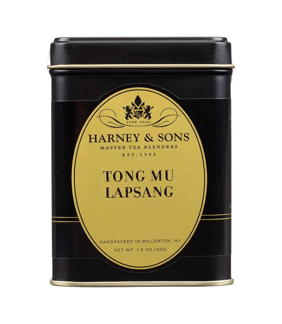 Black tin of Harney & Sons Tong Mu Lapsang tea, 1.5 oz, featuring a gold label and elegant design.