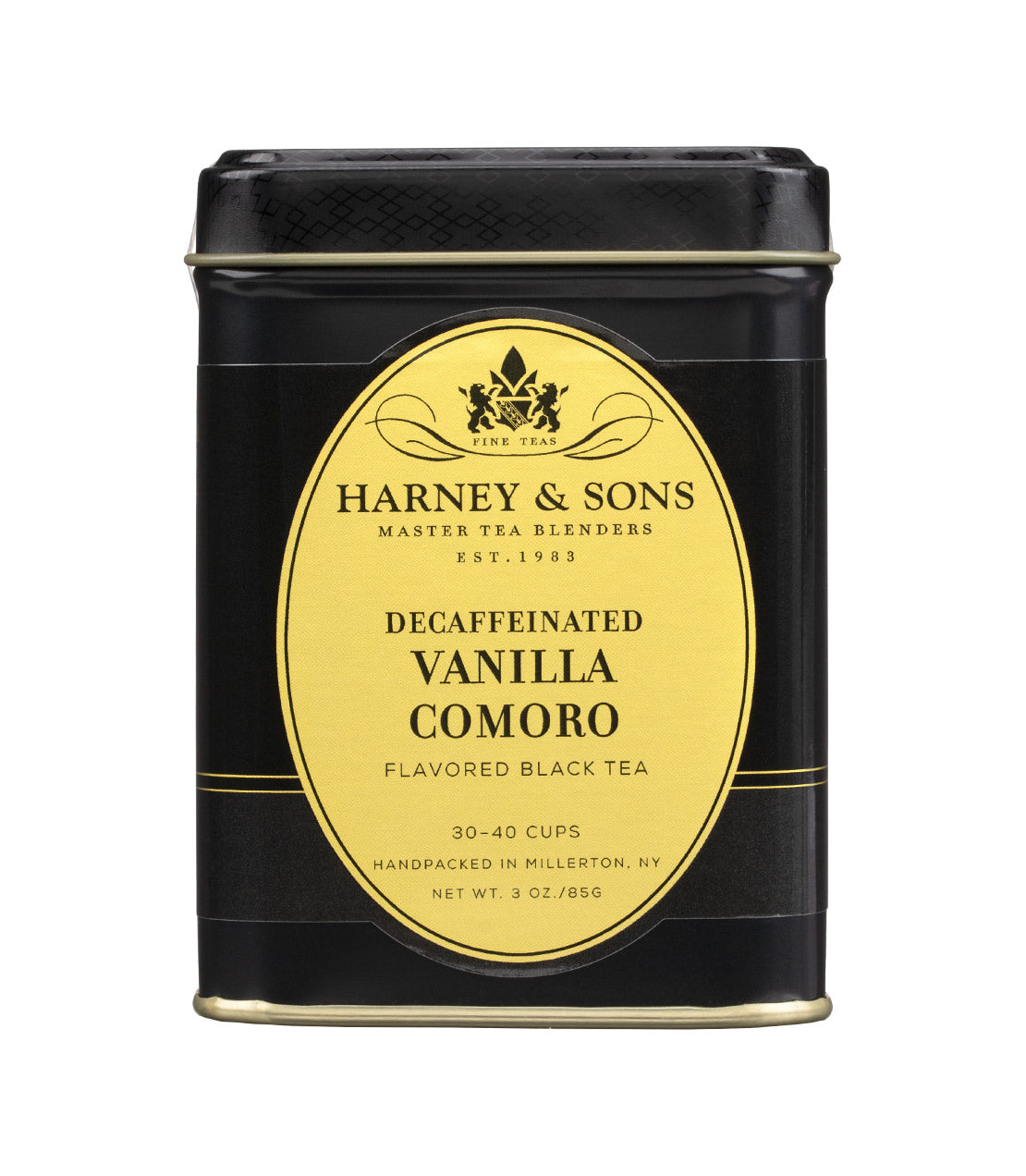Harney & Sons Fine Teas- Decaffeinated Vanilla Comoro- Flavored Black Tea- 30-40 cups- 3OZ Black and Gold tin of loose-leaf tea