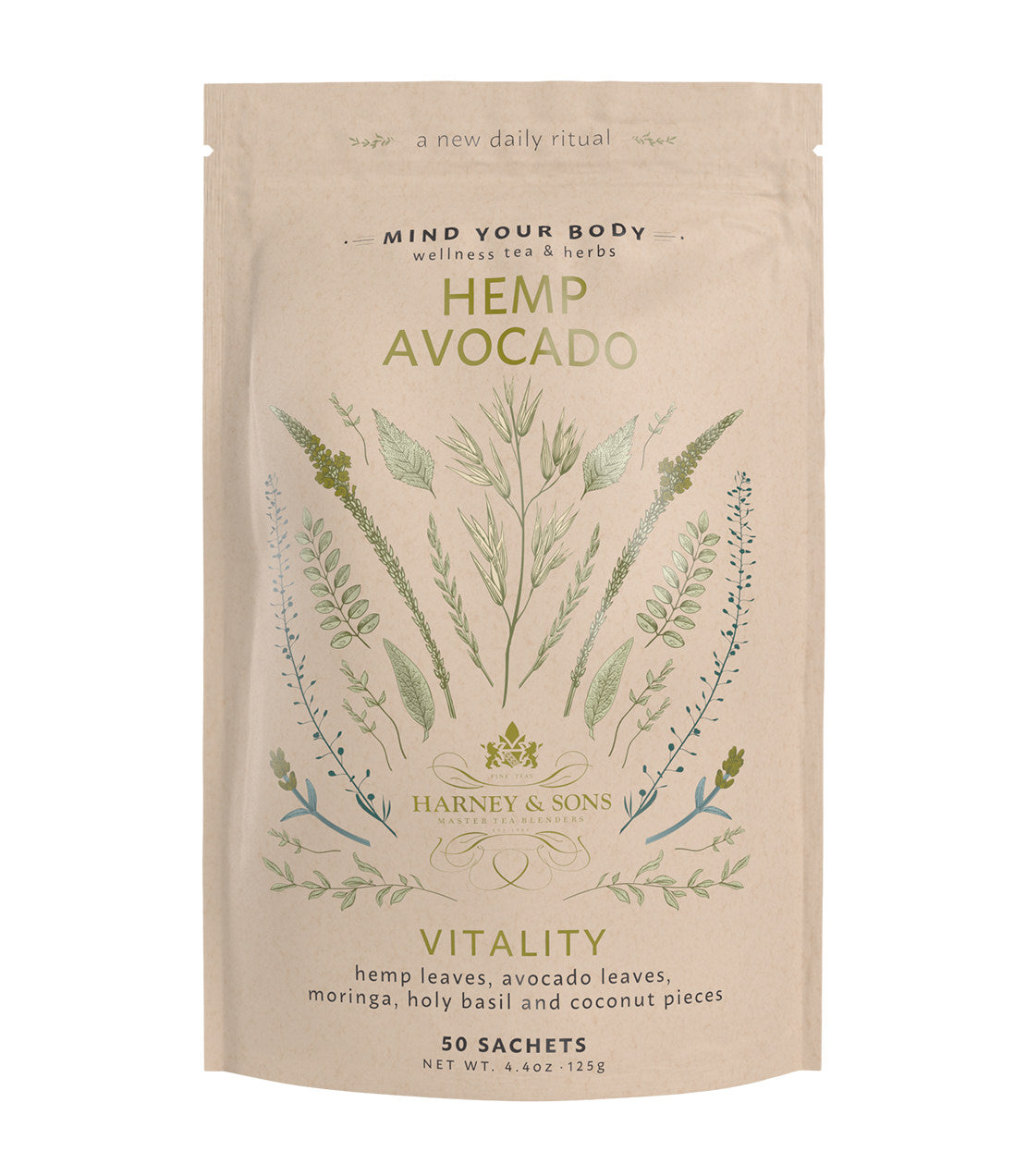 Packaged Hemp Avocado wellness tea featuring hemp and avocado leaves, moringa, and holy basil, 50 sachets.