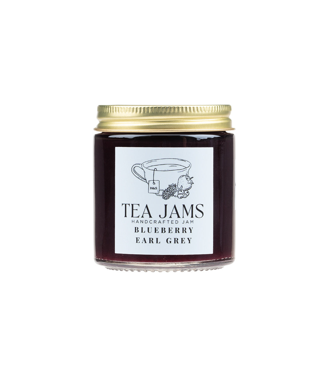 Jar of Blueberry Earl Grey Tea Jam with a gold lid, featuring a tea cup illustration on the label.