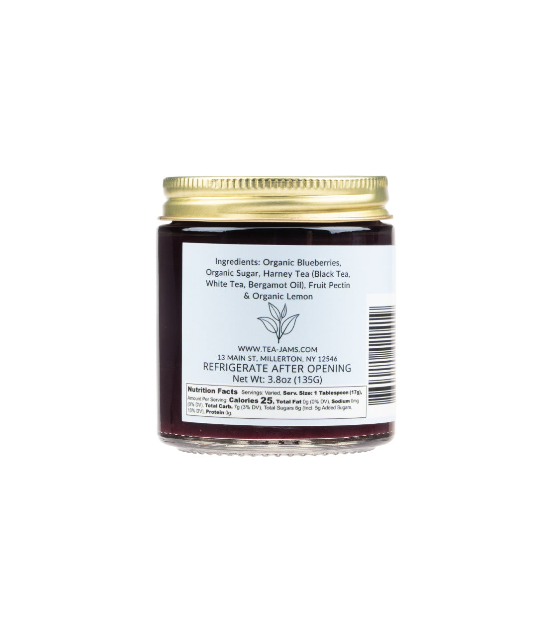 Jar of Tea Jams featuring assorted flavors, with ingredients and nutrition facts on the label.