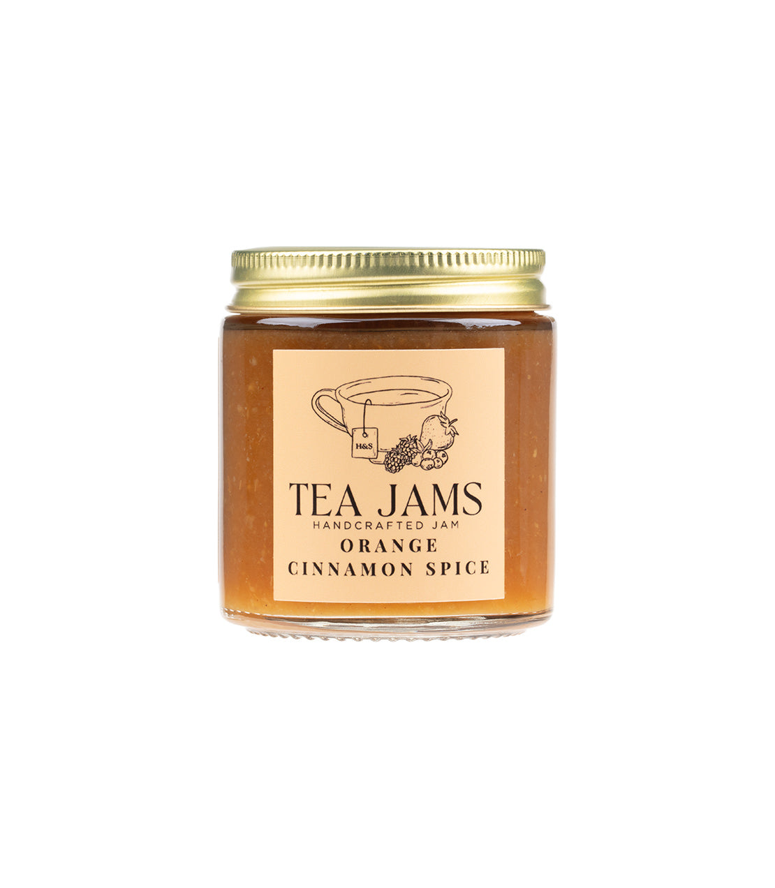 Jar of Tea Jams in Orange Cinnamon Spice flavor, featuring a tea cup illustration on the label.
