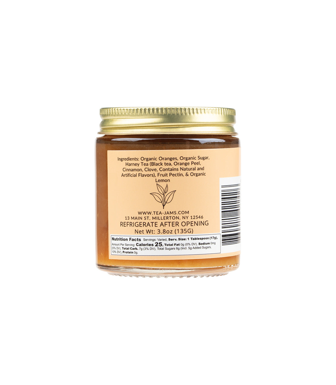 Back view of a jar of Tea Jams, showcasing ingredients and nutrition facts for assorted flavors.