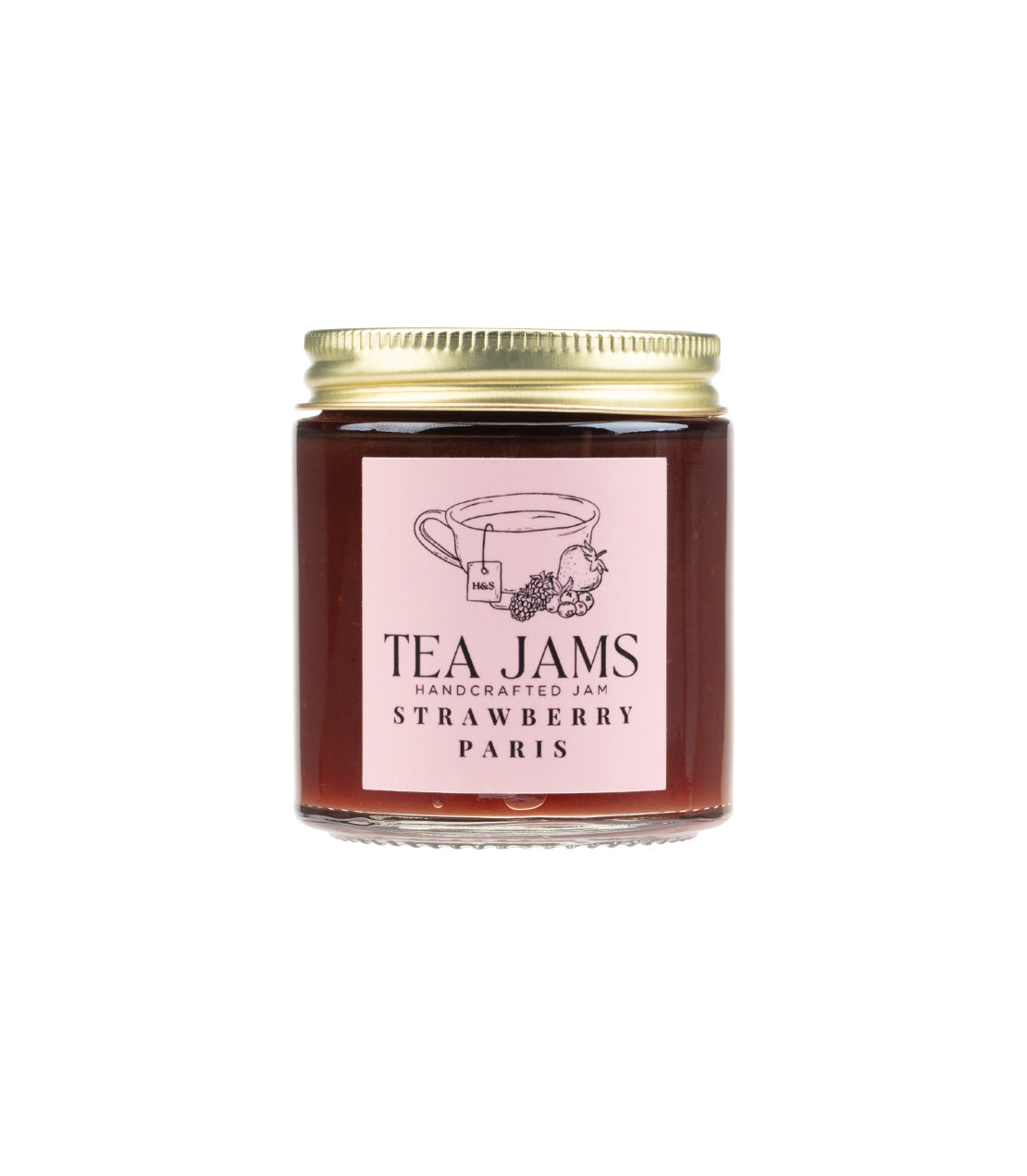 Jar of Tea Jams in Strawberry flavor, featuring a tea cup illustration and a pink label.