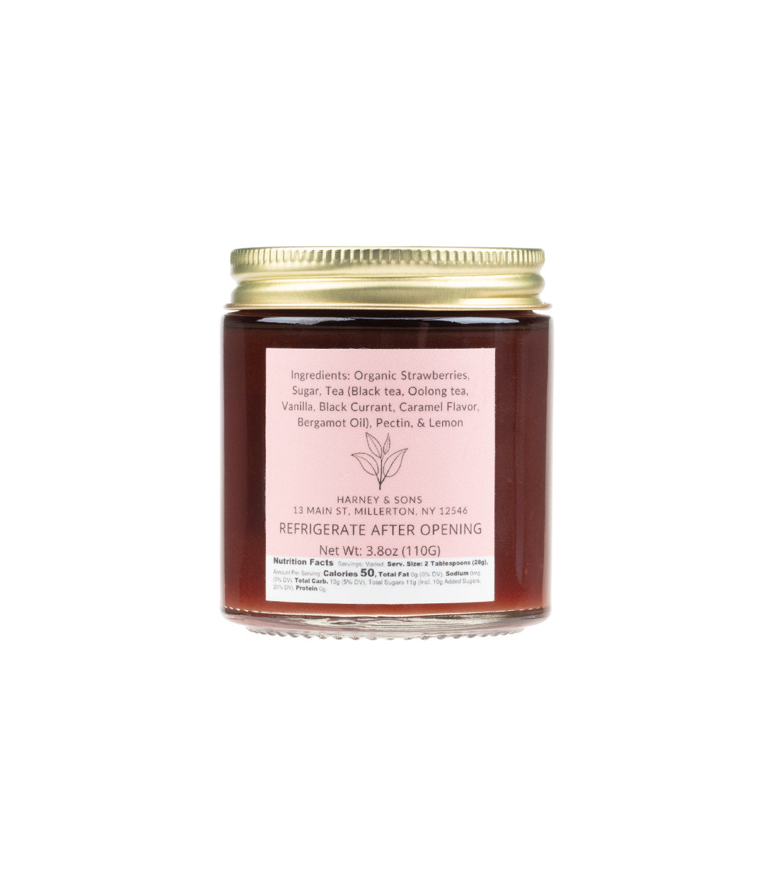 Jar of Tea Jams with assorted flavors, featuring organic strawberries, tea, and natural ingredients.
