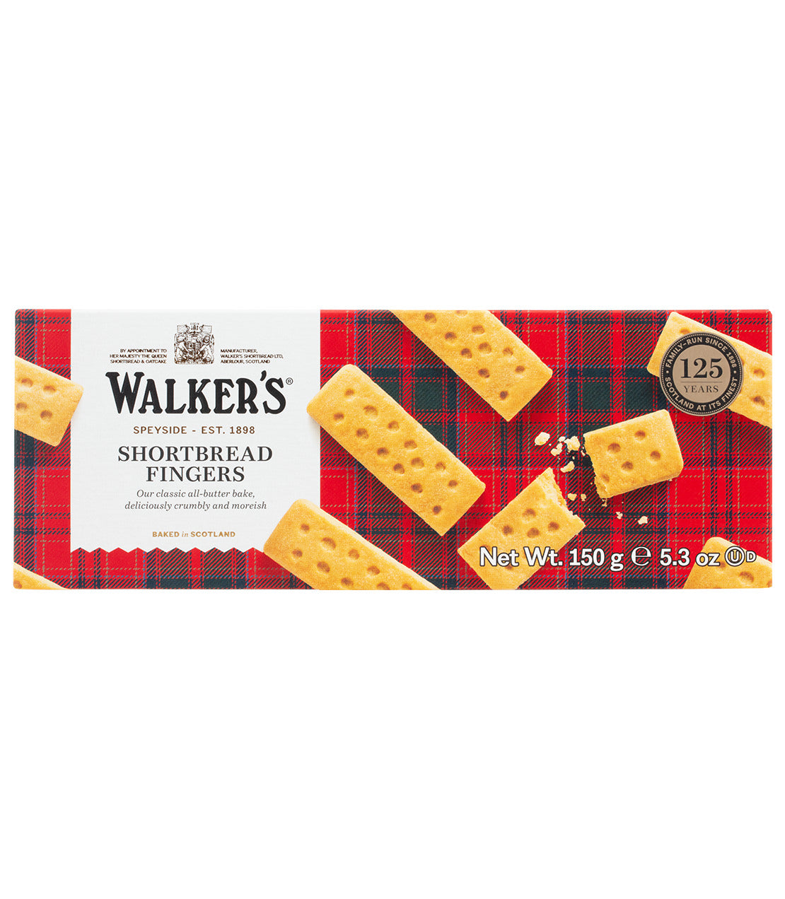 Walkers Shortbread assorted flavors box featuring shortbread fingers on a tartan background, 150g.