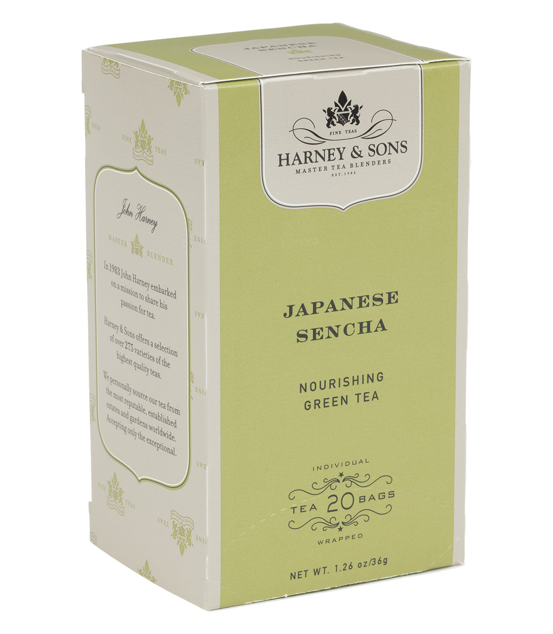 Box of 20 premium Japanese Sencha teabags by Harney & Sons, featuring nourishing green tea.