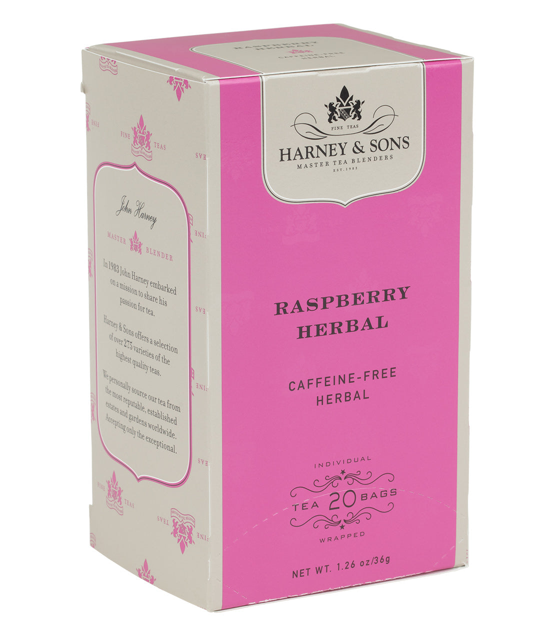 Box of 20 premium caffeine-free raspberry herbal teabags by Harney & Sons, featuring elegant packaging design.